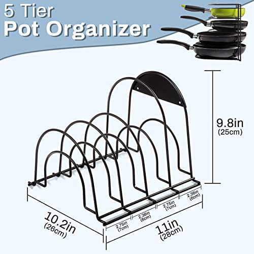 Almcmy Pan Organizer Rack,5 Tier Heavy Duty Pots and Pans Organizer,Pot Lid Organizer Rack for Kitchen Counter & Cabinet Storage and Organization,Send 3 PCS Silicone Cooking Spatulas&Cleaning Cloth