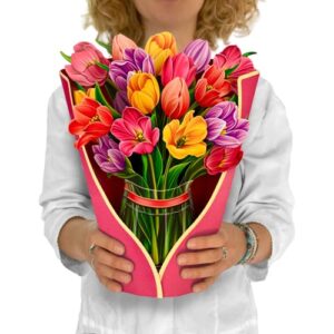 freshcut paper pop up cards, festive tulips, 12 inch life sized forever flower bouquet 3d popup paper flower easter mother’s day greeting cards with note card and envelope