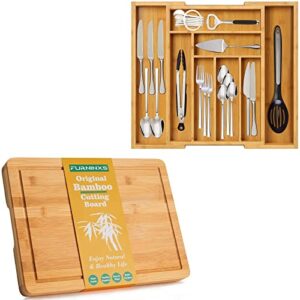 thick bamboo cutting board and bamboo kitchen drawer organizer large silverware tray for spoon fork flatware （7-9 slot）