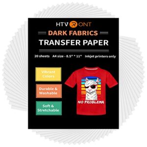 htvront heat transfer paper for t shirts 20 sheets, 8.5″ x 11″ printable heat transfer vinyl, vivid color & durable iron on transfer paper for dark fabric