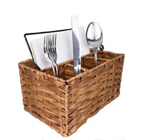 flatware organizer, wicker woven divided cutlery storage caddy tote, basket holder for kitchen table, cabinet, pantry – hold silverware, forks, knives, spoons, napkins and other utensils dispenser