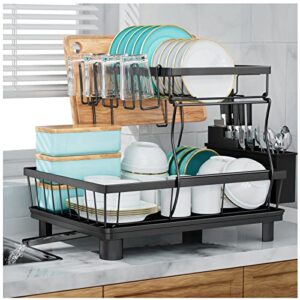 7 code large dish drying rack,2-tier dish racks for kitchen counter,detachable large capacity dish drainer organizer with utensil holder, dish drying rack with drain board ,black