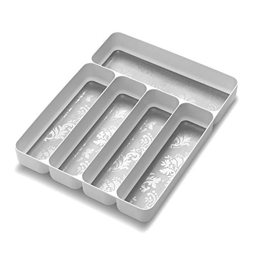 madesmart Soft 5 Compartment Silverware Tray, Damask-White Organizer, Small