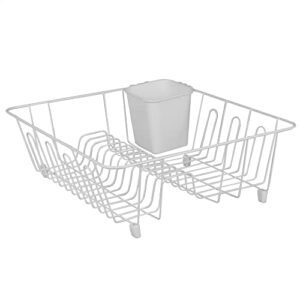 home basics vinyl coated wire dish rack with utensil holder | neutral colors | match any kitchen decor | slots for plates | loops for mugs & glass (small white)