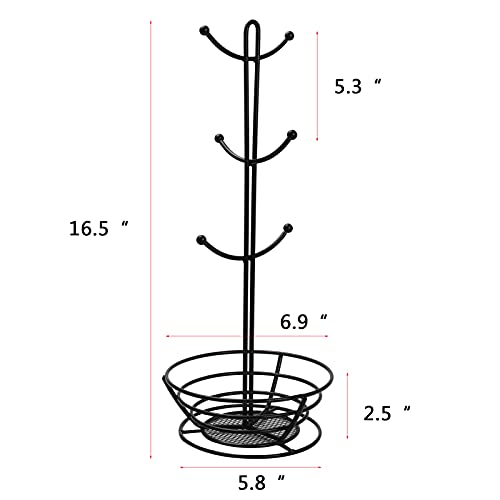 Black Metal Coffee Mug Holder for Countertop, Mugs Tree for 6 Cups with Coffee Pod Holder Storage Basket