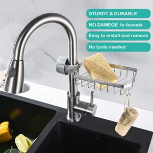 LONIN Sponge Holder Over Faucet Kitchen Sink Caddy Organizer, Stainless Steel Detachable Hanging Faucet Drain Rack for Bathroom, Scrubbers, Soap, Chrome