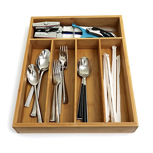 Zanzer Premium Organic Bamboo Cutlery Organizer - with 5 Compartments Storage Dividers | Multifunctional and Perfect Holder for Kitchen Utensil, Flatware, Silverware - 14" x 10" x 2.25"