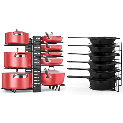 8 Tiers Pots and Pans Organizer with 3 DIY Methods and 6 Tier Heavy Duty Pan Organizer Bundle