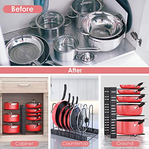 8 Tiers Pots and Pans Organizer with 3 DIY Methods and 6 Tier Heavy Duty Pan Organizer Bundle