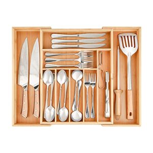 bamboo expandable drawer organizer, nedneyy cutlery and utensil tray, desk drawer organizer silverware holder kitchen knives tray drawer organizer, 100% pure bamboo cutlery in natural color…