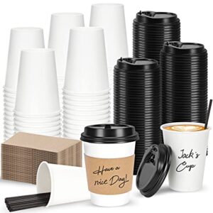 fifwvgp 100 pack 12 oz disposable coffee cups with lids, sleeves and stir straws paper coffee cups with lids to go coffee paper cups with lids hot cups with lids for tea coffee hot chocolate