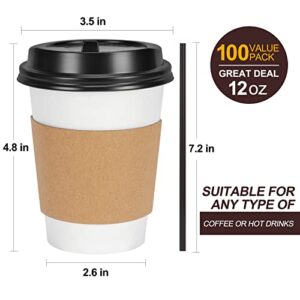 FIFWVGP 100 Pack 12 oz Disposable Coffee Cups with Lids, Sleeves and Stir Straws Paper Coffee Cups with Lids To Go Coffee Paper Cups with Lids Hot Cups with Lids for Tea Coffee Hot Chocolate