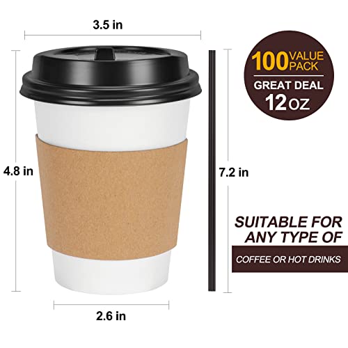 FIFWVGP 100 Pack 12 oz Disposable Coffee Cups with Lids, Sleeves and Stir Straws Paper Coffee Cups with Lids To Go Coffee Paper Cups with Lids Hot Cups with Lids for Tea Coffee Hot Chocolate