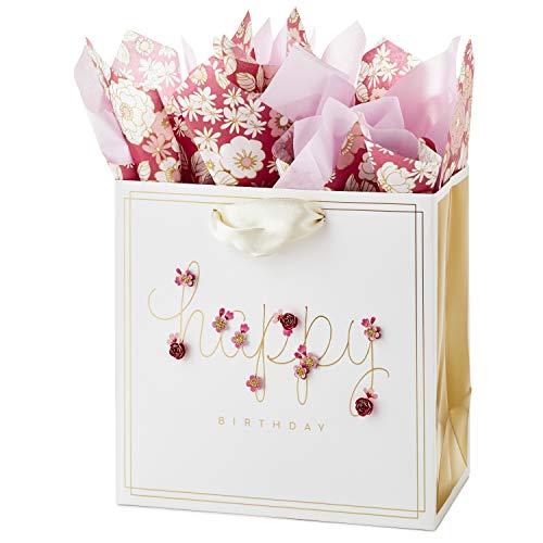 Hallmark Signature 7" Medium Birthday Gift Bag with Tissue Paper (Pink Flowers)