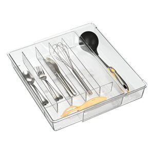 mDesign Adjustable, Expandable Plastic In-Drawer Utensil Organizer Tray Deep 6 Section Divided for Kitchen Organization; Holds Cutlery, Flatware, Silverware, Cooking Utensils, Ligne Collection, Clear