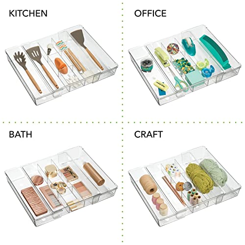 mDesign Adjustable, Expandable Plastic In-Drawer Utensil Organizer Tray Deep 6 Section Divided for Kitchen Organization; Holds Cutlery, Flatware, Silverware, Cooking Utensils, Ligne Collection, Clear