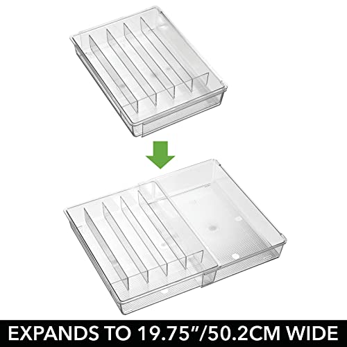 mDesign Adjustable, Expandable Plastic In-Drawer Utensil Organizer Tray Deep 6 Section Divided for Kitchen Organization; Holds Cutlery, Flatware, Silverware, Cooking Utensils, Ligne Collection, Clear