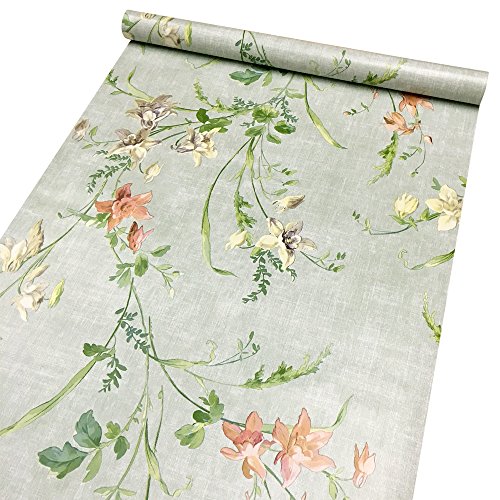 SimpleLife4U Country Rustic Flower Shelf Liner Self-Adhesive Furniture Paper for Countertops Light Green 17.7 Inch by 13 Feet