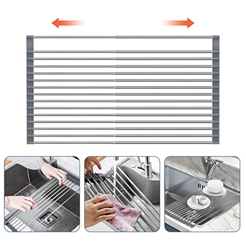 Sindax Roll Up Dish Drying Rack, 23‘’x13'' Stretchable Stainless Steel Over The Sink Dish Rack Multifunctional Foldable Over Sink Rack with Utensil Holder for Kitchen