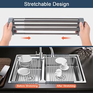 Sindax Roll Up Dish Drying Rack, 23‘’x13'' Stretchable Stainless Steel Over The Sink Dish Rack Multifunctional Foldable Over Sink Rack with Utensil Holder for Kitchen