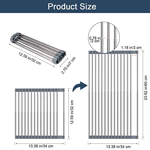 Sindax Roll Up Dish Drying Rack, 23‘’x13'' Stretchable Stainless Steel Over The Sink Dish Rack Multifunctional Foldable Over Sink Rack with Utensil Holder for Kitchen