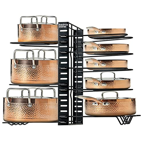 RAOYABOHO Black Pot and Pan Organizer for Cabinet Adjustable, Kitchen Pot and Pan Organizer Storage, Pan and Pot Lid Rack Holder 8 Tiers