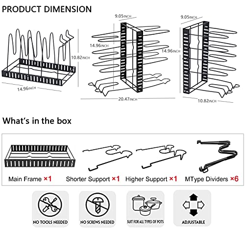RAOYABOHO Black Pot and Pan Organizer for Cabinet Adjustable, Kitchen Pot and Pan Organizer Storage, Pan and Pot Lid Rack Holder 8 Tiers