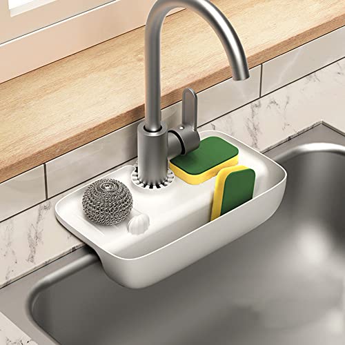 EastVita Kitchen Sink Storage Rack,Faucet Splash-Proof Draining Rack,Non-Slip Sink Water Collection Pad Kitchen Rag Sponge Wipe Sink Tray Holder Drain Basket for Various Countertops White