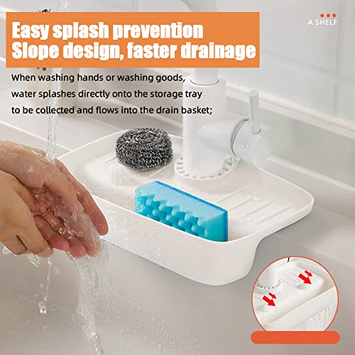 EastVita Kitchen Sink Storage Rack,Faucet Splash-Proof Draining Rack,Non-Slip Sink Water Collection Pad Kitchen Rag Sponge Wipe Sink Tray Holder Drain Basket for Various Countertops White