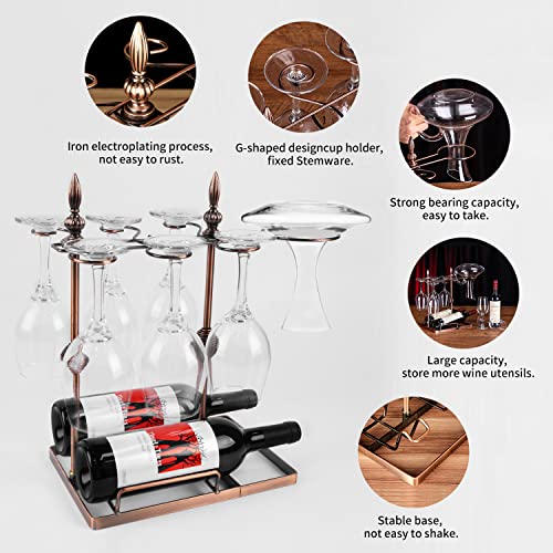 Migecon 3-In-1 Metal Countertop Wine Glass Holder With Wine Racks And Wine Decanter Drying Stand,Freestanding Tabletop Stemware Storage Rack,Vintage Wine Glass Drying Rack.