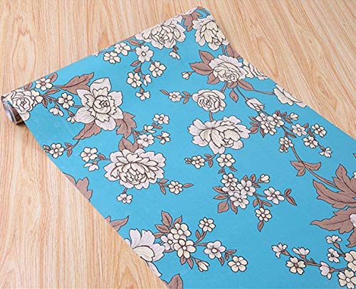 Blue Floral Decorative Adhesive Paper Shelf Liner Peel and Stick Wallpaper for Kitchen Cabinets Drawers Countertops 17.7inch by 100inch (Blue)