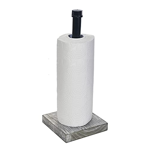 Rustic Industrial Iron Pipe Design Paper Towel Holder with Solid Wood Base Farmhouse Paper Towel Roll Dispenser for Kitchen Bathroom Livingroom Office (GreyWhite)