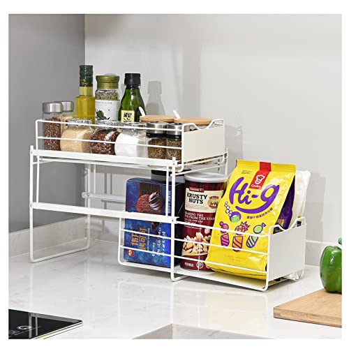 KINGRACK Stackable 2-Tier Cabinets Organizer With Sliding Storage Drawer, Pull Out Cabinets Home Organizer Shelf, Sliding Storage Basket Organizer, White