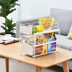 KINGRACK Stackable 2-Tier Cabinets Organizer With Sliding Storage Drawer, Pull Out Cabinets Home Organizer Shelf, Sliding Storage Basket Organizer, White