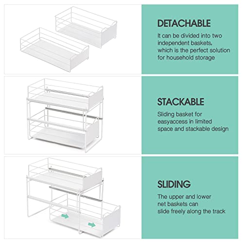 KINGRACK Stackable 2-Tier Cabinets Organizer With Sliding Storage Drawer, Pull Out Cabinets Home Organizer Shelf, Sliding Storage Basket Organizer, White