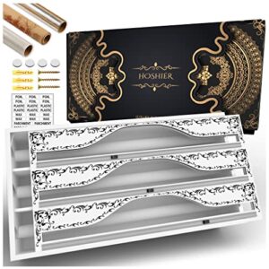 extra long foil and plastic wrap organizer for 15″ rolls, 3 in 1 plastic wrap dispenser with cutter, aluminum foil organization and storage, parchment, wax paper dispenser for drawer