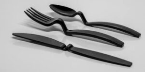 go touchless! ergonomic flatware cutlery set for 12 | fork, spoons & knives silverware utensil set | reusable dinnerware sets plastic top rack dishwasher safe | black flatware 36 count