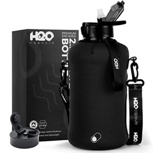 h2o capsule 2.2l half gallon water bottle with storage sleeve and covered straw lid – bpa free large reusable drink container with handle – big sports jug, 2.2 liter (74 ounce) jet black