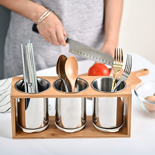 IMEEA Flatware Caddy Stainless Steel Silverware Caddy Kitchen Utensil Holder for Countertop Flatware Organizer Holder with Bamboo Base