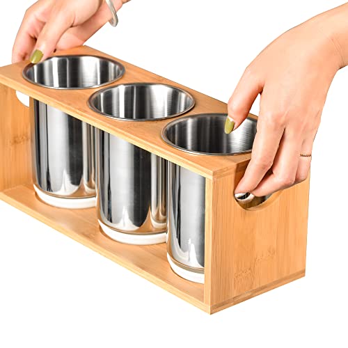 IMEEA Flatware Caddy Stainless Steel Silverware Caddy Kitchen Utensil Holder for Countertop Flatware Organizer Holder with Bamboo Base