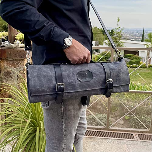 Lynx Soul MARION - LE VOYAGEUR BLACK - Waxed Canvas with Genuine Calf Top Grain Leather - Handmade Professional Chef Knife Storage Roll Bag - 8 Pockets and Zippered Pocket