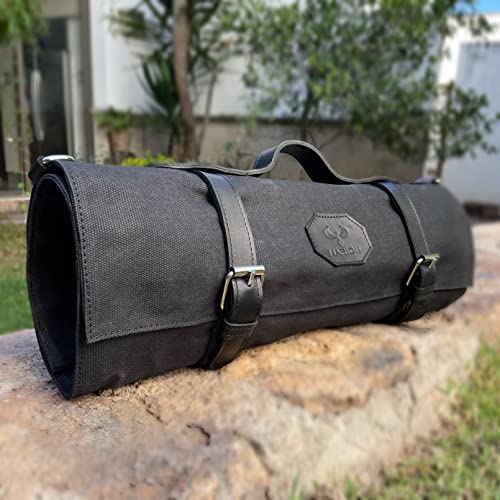 Lynx Soul MARION - LE VOYAGEUR BLACK - Waxed Canvas with Genuine Calf Top Grain Leather - Handmade Professional Chef Knife Storage Roll Bag - 8 Pockets and Zippered Pocket