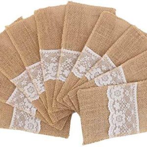 Lucky Monet 25/50/100PCS 4 x 8Inch Natural Burlap Lace Silverware Bag Utensil Holder Cutlery Pouch Hessian Knife Fork Tableware Bags for Wedding Party Restaurant Decoration (100PCS)