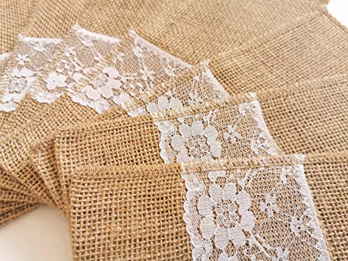 Lucky Monet 25/50/100PCS 4 x 8Inch Natural Burlap Lace Silverware Bag Utensil Holder Cutlery Pouch Hessian Knife Fork Tableware Bags for Wedding Party Restaurant Decoration (100PCS)