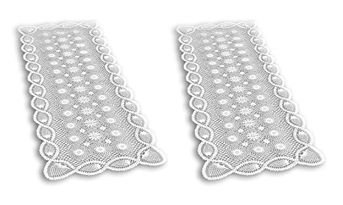 Cut to Size Vinyl Lace, Cabinet Shelf or Pantry Liner, Table Runner, Dresser or Night Stand Scarf. Crochet, Scallop Trim, Easy Clean, Stain Resistant, Measures 14x43 Inches, White, Set of 2