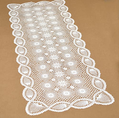 Cut to Size Vinyl Lace, Cabinet Shelf or Pantry Liner, Table Runner, Dresser or Night Stand Scarf. Crochet, Scallop Trim, Easy Clean, Stain Resistant, Measures 14x43 Inches, White, Set of 2