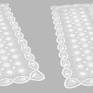 Cut to Size Vinyl Lace, Cabinet Shelf or Pantry Liner, Table Runner, Dresser or Night Stand Scarf. Crochet, Scallop Trim, Easy Clean, Stain Resistant, Measures 14x43 Inches, White, Set of 2