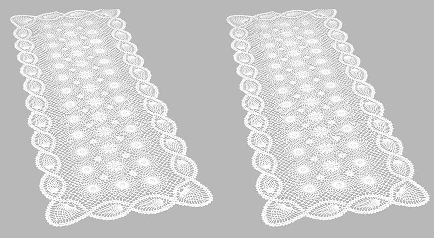 Cut to Size Vinyl Lace, Cabinet Shelf or Pantry Liner, Table Runner, Dresser or Night Stand Scarf. Crochet, Scallop Trim, Easy Clean, Stain Resistant, Measures 14x43 Inches, White, Set of 2