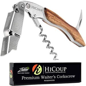 hicoup wine opener – professional corkscrews for wine bottles w/ foil cutter and cap remover – manual wine key for servers, waiters, bartenders and home use – classic rosewood