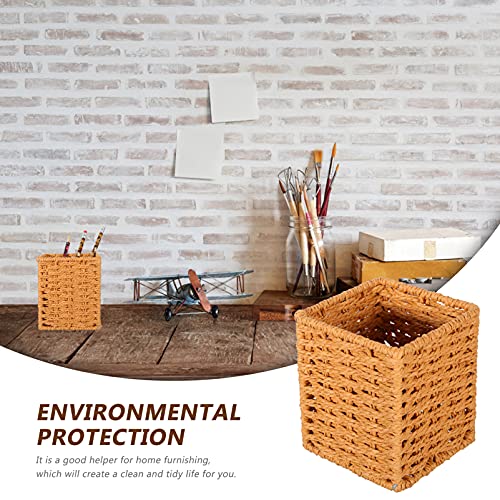 Cabilock Yellow Wicker Pencil Holder Pen Holder Rattan Makeup Brush Holder Makeup Holder Pencil Cup Desk Cup Holder Cutlery Utensil Caddy Silverware Holder